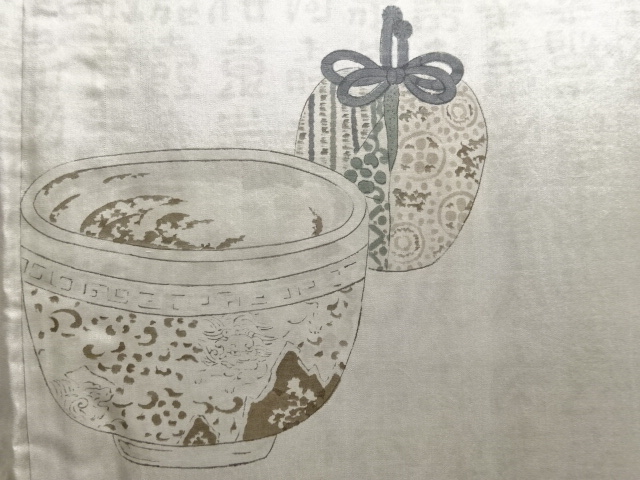 アンティーク　茶道具模様肩裏男物羽織